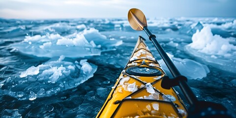 Kayak navigating icy waters, close-up on the paddle and ice chunks, cold blue tones, adventurous spirit  - obrazy, fototapety, plakaty