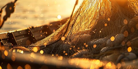 Fishing boat returning at dawn, close-up on the nets full of catch, warm morning light, sense of reward 