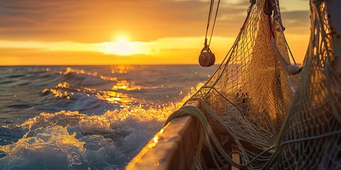 Fishing boat returning at dawn, close-up on the nets full of catch, warm morning light, sense of reward  - obrazy, fototapety, plakaty