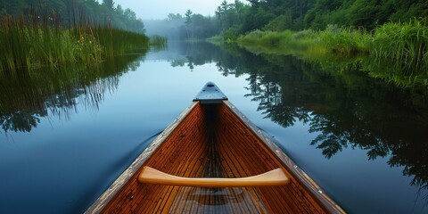 Canoe bow slicing through a serene lake, close-up, mirrored water, peaceful exploration, early morning  - obrazy, fototapety, plakaty