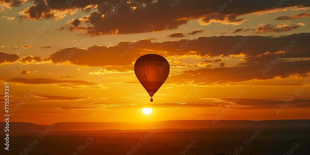 Canvas Prints Sunset behind a silhouette of a hot air balloon, warm golden light, close up, tranquil serene sky 