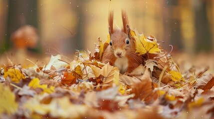 A red squirrel tangled in a pile of autumn leaves, looking bewildered and frustrated - obrazy, fototapety, plakaty