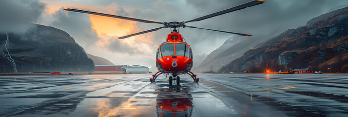 A red and white helicopter is parked on a wet surface,
helicopter on an Icelandic mountain - obrazy, fototapety, plakaty