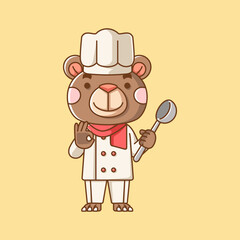 Cute bear chef cook serve food animal chibi character mascot icon flat line art style illustration concept cartoon