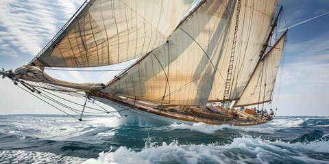Sailboat in a regatta, close on sails and rigging, clear sky, detailed texture, competitive spirit