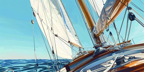 Sailboat in a regatta, close on sails and rigging, clear sky, detailed texture, competitive spirit  - obrazy, fototapety, plakaty