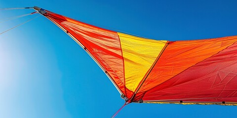 Hang glider against a clear blue sky, vivid colors, detailed fabric texture, freedom and exhilaration