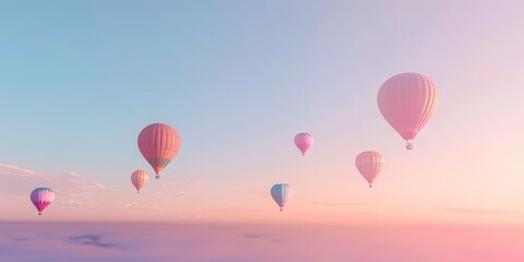 Fototapeta premium Colorful hot air balloons taking off at dawn, soft morning light, vibrant hues, clear blue sky background