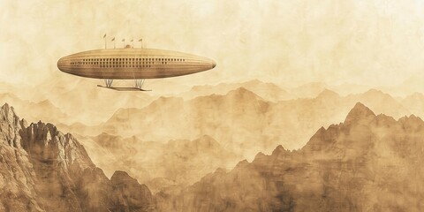 Fototapeta na wymiar Vintage airship gliding over misty mountains, sepia tone, detailed texture focus, nostalgic and majestic