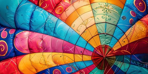 Fototapeta premium Close-up of the intricate patterns on a balloon envelope, bright daylight, high saturation, lively and detailed
