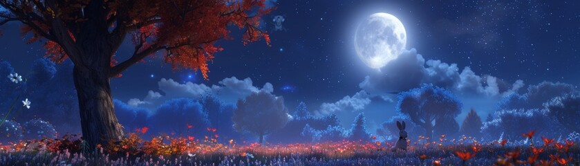 Obraz na płótnie Canvas Harvest moon 3D scene bunnies and eggs under a full moon