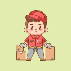 Cute male courier box package delivery kawaii chibi character mascot illustration outline style design