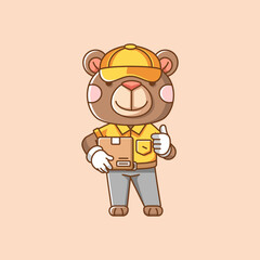 Cute bear courier package delivery animal chibi character mascot icon flat line art style illustration concept cartoon