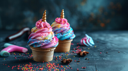gelato arcobaleno unicorno, gelato di tutti i colori, gelato unicorno, dessert colorato, gusto puffo - obrazy, fototapety, plakaty