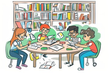 Cartoon cute doodles of a group study session in the library, with students collaborating on projects, sharing notes, and helping each other understand concepts, Generative AI
