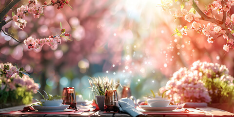 Spring Table With Trees In Blooming Spring blossom background Nature scene with blooming tree and sun flare Spring flowers Beautiful orchard