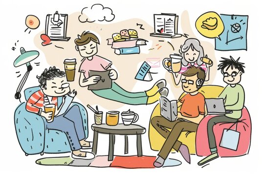 Cartoon cute doodles of a late-night study session in the student lounge, with sleepy students drinking coffee, munching on snacks, and cramming for exams, Generative AI