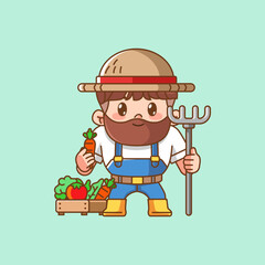Cute farmers harvest carrot and vegetables kawaii chibi character mascot illustration outline style design