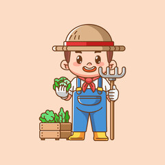 Cute farmers harvest fruit and vegetables kawaii chibi character mascot illustration outline style design