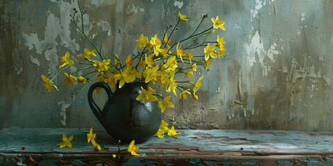 Branches of yellow spring flowers in vase on a marble wooden table