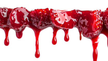 melt strawberry Jam dripping line from the top, isolated on transparent background, copyspace
