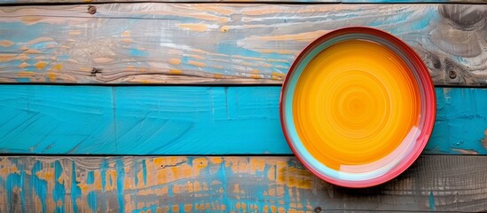 Brightly colored plate on wooden surface with blue background