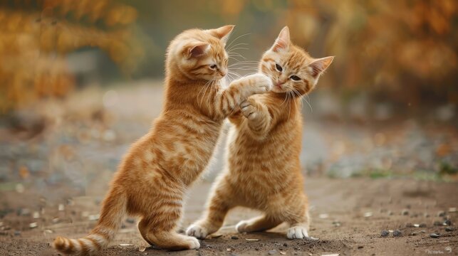 two orange cats playfully wrestling with each other, showcasing their social bond 