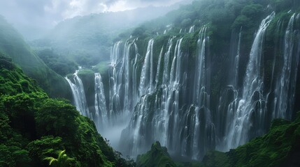 Jog Falls Monsoon Season, Portray the awe-inspiring spectacle of Jog Falls during the monsoon season, when the cascades are at their most powerful, surrounded by lush greenery - obrazy, fototapety, plakaty
