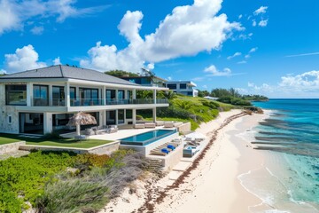 Obraz premium Professional Photography of a Beachfront Villa With Stunning Ocean Views, Private Access to the Shore, and Luxurious Outdoor Amenities, Generative AI