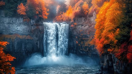 Snoqualmie Falls Autumn Majesty, Showcase the autumn majesty of Snoqualmie Falls in Washington State, USA, as the vibrant colors of fall foliage frame the powerful cascade