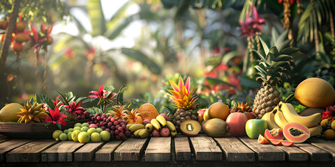 Tropical Foliage and Colorful Fruits Painting scene illustrating a serene tropical paradise with ripe fruits hanging from lush trees, set against a pastel backdrop. Provide space for text, background - obrazy, fototapety, plakaty