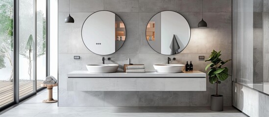 A close up of a bathroom with two sinks and mirrors - obrazy, fototapety, plakaty