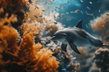 Fototapeta na wymiar Dolphin swimming in the sea. Tropical coral reef with marine life.