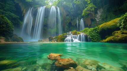 Tumalog Falls Hidden Gem, Highlight the hidden gem that is Tumalog Falls in the Philippines, tucked away in a lush jungle paradise, offering a serene  - obrazy, fototapety, plakaty