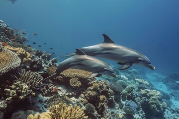 Fototapeta na wymiar Dolphin swimming in the sea. Tropical coral reef with marine life.