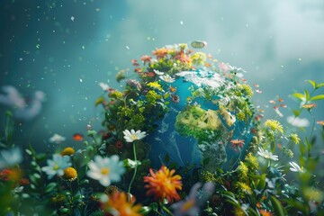 Obraz na płótnie Canvas Globe with grass and flowers. Earth Day concept