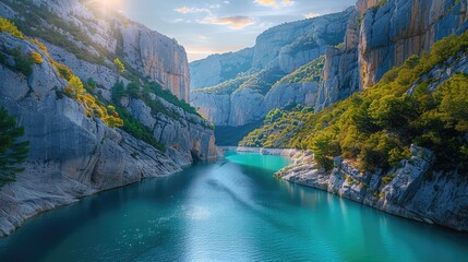 towering cliffs and turquoise waters, highlighting the dramatic landscape carved by the river over millennia - obrazy, fototapety, plakaty