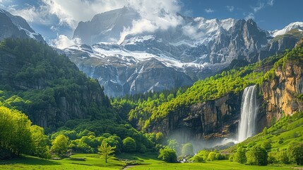 Gavarnie Falls Alpine Wonderland, Highlight the stunning alpine scenery surrounding Gavarnie Falls in the French Pyrenees, with snow-capped peaks and lush green meadows framing the majestic cascade
