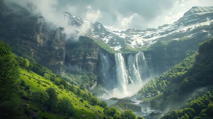 Gavarnie Falls Alpine Wonderland, Highlight the stunning alpine scenery surrounding Gavarnie Falls in the French Pyrenees, with snow-capped peaks and lush green meadows framing the majestic cascade - obrazy, fototapety, plakaty