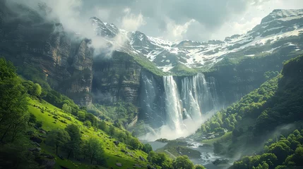 Fotobehang Gavarnie Falls Alpine Wonderland, Highlight the stunning alpine scenery surrounding Gavarnie Falls in the French Pyrenees, with snow-capped peaks and lush green meadows framing the majestic cascade © Chom