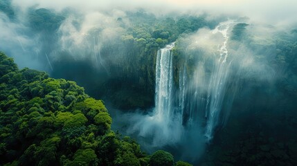 scale and grandeur of the waterfall against the backdrop of the dense rainforest,