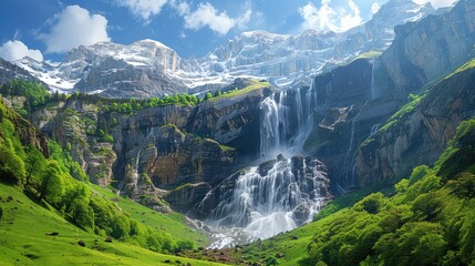 Gavarnie Falls Alpine Wonderland, Highlight the stunning alpine scenery surrounding Gavarnie Falls in the French Pyrenees, with snow-capped peaks and lush green meadows framing the majestic cascade