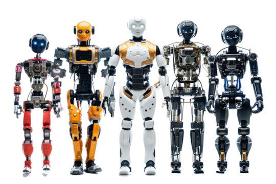 Robots: Technology is advancing and playing a greater role in daily life. People are interested in the abilities and benefits of robots in various fields, Isolated on a transparent background.