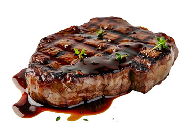 Thick beef steak Grill until well done. Topped with a delicious dark sauce,Isolated on a transparent background.