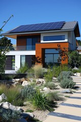 Professional Photography of a Contemporary Eco-Friendly Home Showcasing Sustainable Features, Solar Panels, and Energy-Efficient Design, Generative AI