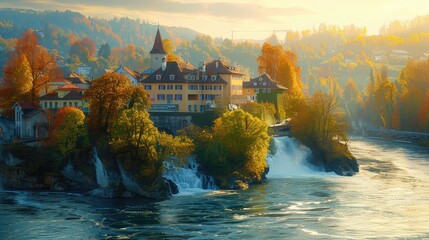 Rhine Falls Romantic Getaway, Portray the romantic charm of Rhine Falls in Switzerland, with its picturesque setting and idyllic - Powered by Adobe