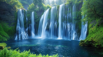 Burney Falls Cascading Beauty, Showcase the timeless beauty of Burney Falls in California, with its graceful cascade framed by lush greenery, evoking a sense of peace and tranquility