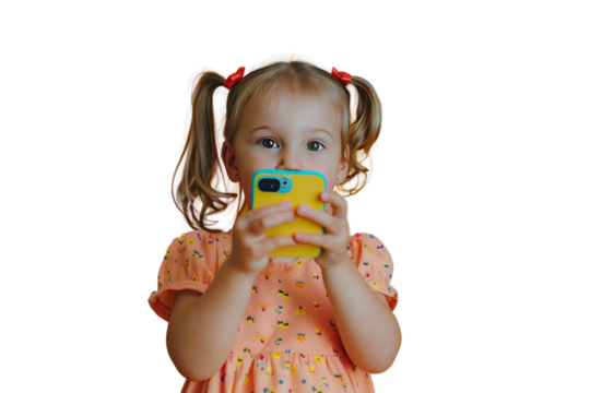 Little girl with shoulder length hair Wear a bright colored dress. Making a video call with a friend via smartphone Referring to connection and communication in the digital age, Isolated on a transpar