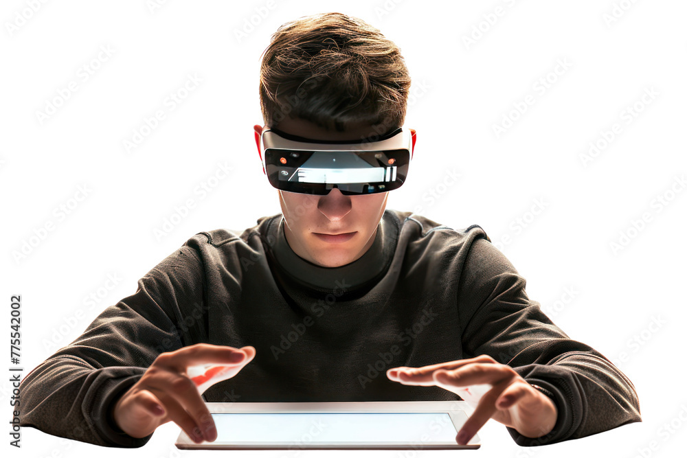 Aufkleber young man with short hair and ar glasses is doing design work on a tablet. referring to ar technolog