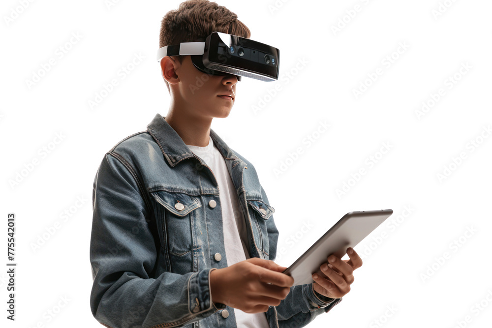 Poster young man with short hair and ar glasses is doing design work on a tablet. referring to ar technolog